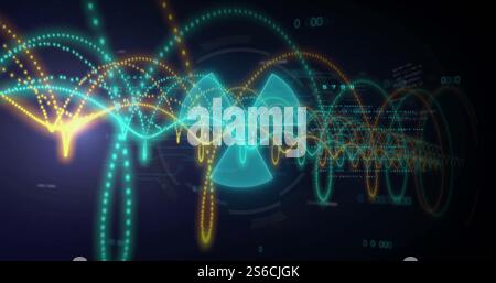 Image of data processing and radiation warning sign on black background Stock Photo