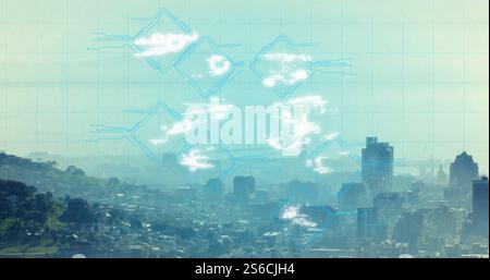 Image of security icons over cityscape Stock Photo