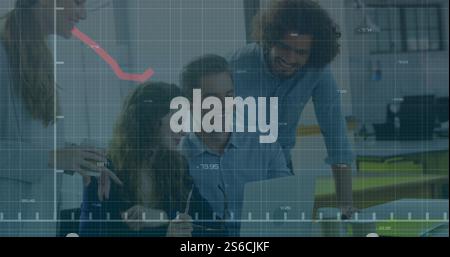 Image of red line, financial data processing over diverse business people in office Stock Photo
