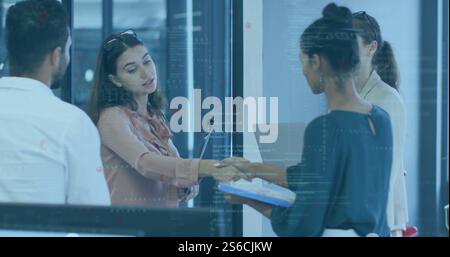 Image of data processing and shapes over diverse colleagues shaking hands Stock Photo