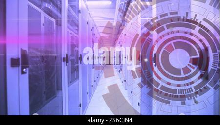 Image of layers of blue and pink light and circular scanner processing data over server room Stock Photo
