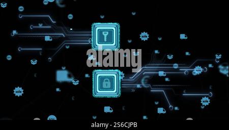Image of data processing and padlock and key icon with circuit board over dark background Stock Photo