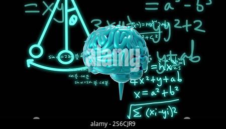Image of spinning brain over mathematical equations and figures Stock Photo
