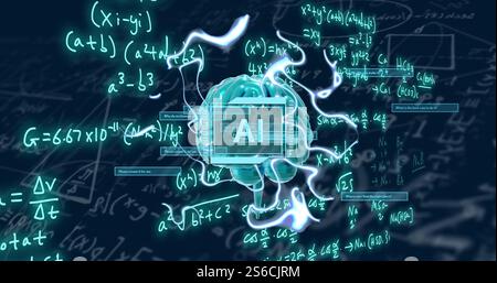 Image of spinning brain and ai text over mathematical equations and figures Stock Photo
