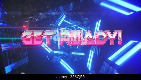 Image of get ready text over neon tunnel Stock Photo