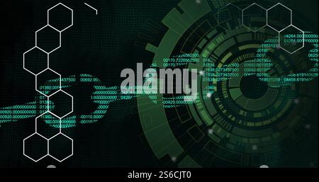 Image of chain of binary coding over scope scanning and shapes Stock Photo
