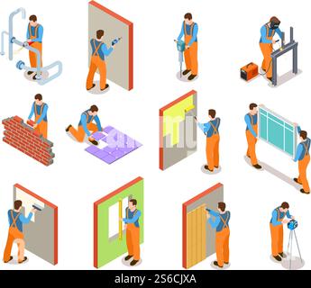 Isometric construction workers. Builder doing various works with material professional equipment. Industrial construction vector set. Illustration of professional worker isometric, equipment builder. Isometric construction workers. Builder doing various works with material professional equipment. Industrial construction vector set Stock Vector