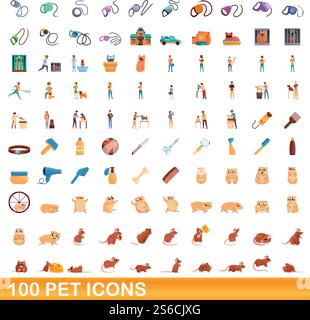 100 pet icons set. Cartoon illustration of 100 pet icons vector set isolated on white background. 100 pet icons set, cartoon style Stock Vector