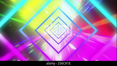 Image of concentric blue and purple neon diamonds over brightly coloured lights Stock Photo