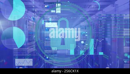 Image of padlock icon with digital data processing over computer servers Stock Photo