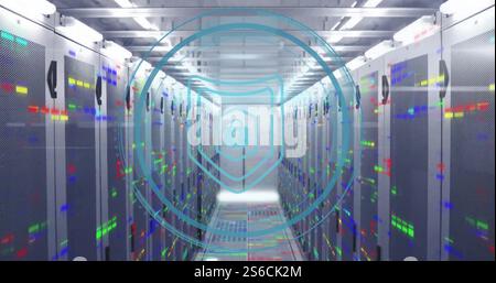 Image of cyber security text with digital data processing over computer servers Stock Photo