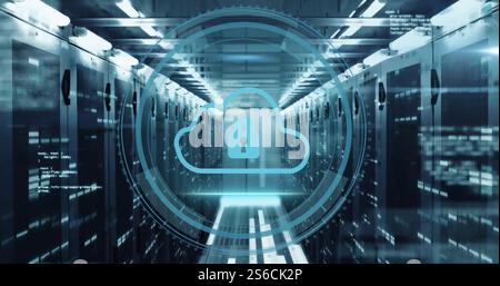 Image of cyber security text with digital data processing over computer servers Stock Photo