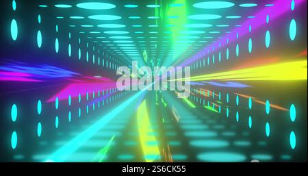 Image of tunnel of blue lights with coloured light trails moving through it Stock Photo