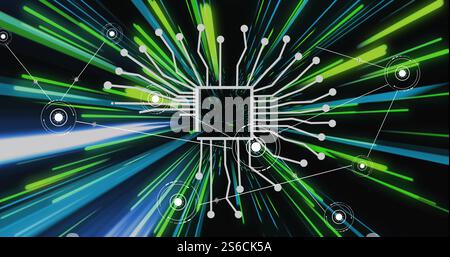 Image of network of connections with icons over colourful lines and ai text Stock Photo