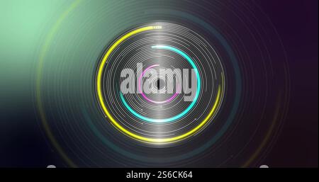 Image of glowing circles of light spinning on dark background Stock ...