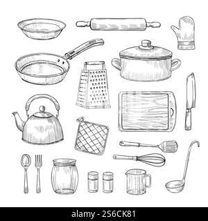 Sketch kitchen tools. Cooking utensils hand drawn kitchenware. Doodle chef equipment vector set. Illustration of kitchenware equipment for cooking. Sketch kitchen tools. Cooking utensils hand drawn kitchenware. Doodle chef equipment vector set Stock Vector