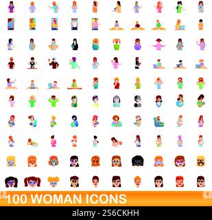 100 woman icons set. Cartoon illustration of 100 woman icons vector set isolated on white background. 100 woman icons set, cartoon style Stock Vector