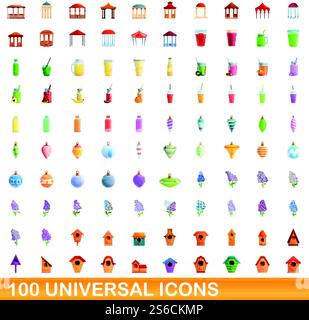 100 universal icons set. Cartoon illustration of 100 universal icons vector set isolated on white background. 100 universal icons set, cartoon style Stock Vector