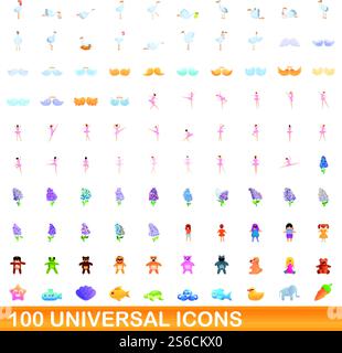 100 universal icons set. Cartoon illustration of 100 universal icons vector set isolated on white background. 100 universal icons set, cartoon style Stock Vector