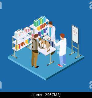 Dog on reception at the vet. Veterinary office isometric vector concept. Illustration of pet veterinary clinic, care healthcare. Dog on reception at the vet. Veterinary office isometric vector concept Stock Vector
