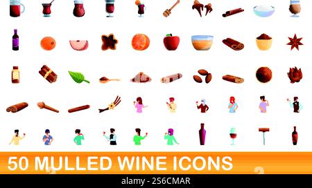 50 mulled wine icons set. Cartoon illustration of 50 mulled wine icons vector set isolated on white background. 50 mulled wine icons set, cartoon style Stock Vector