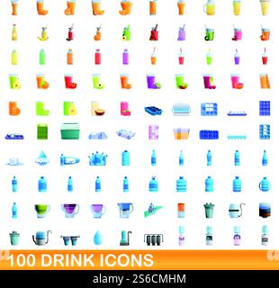 100 drink icons set. Cartoon illustration of 100 drink icons vector set isolated on white background. 100 drink icons set, cartoon style Stock Vector