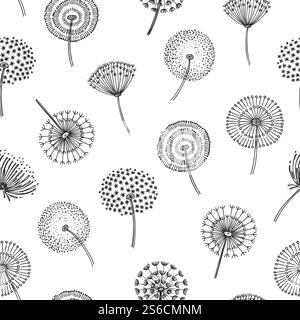 Dandelion seamless pattern. Dandelions grass pollen plant seeds blowing tranquil wind fluff flower macro nature vector spring texture. Dandelion seamless pattern, flower softness illustration. Dandelion seamless pattern. Dandelions grass pollen plant seeds blowing tranquil wind fluff flower macro nature vector spring texture Stock Vector
