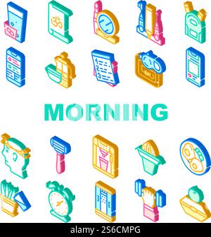 Morning Routine Daily Collection Icons Set Vector. Morning Yoga And Pill Dose, Breakfast And Drink Tea, Juice And Coffee, Cosmetics And Shaver Isometric Sign Color Illustrations. Morning Routine Daily Collection Icons Set Vector Stock Vector