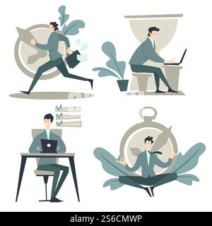 Time management, businessman working in office, clock or timer and hourglass, isolated icons vector. Planning or control, efficient and successful business. Man with laptop, hurrying up and meditation. Businessman and time management, work planning and schedule, isolated icons Stock Vector