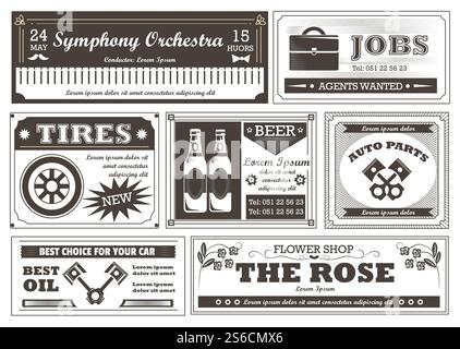 Retro newspaper advertisement, vintage ads vector. Music concert and job vacancy, car repair and beer pub, auto parts and oil change, flower shop. Show and services, garage and bouquet arrangement. Advertisement in retro newspaper, vintage services advertising flyers Stock Vector