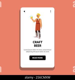 Craft Beer Manufacturing Factory Worker Vector. Man Holding Glass Cup With Alcoholic Brewed Craft Beer, Beverage Own Unique Recipe Production. Character Occupation Web Flat Cartoon Illustration. Craft Beer Manufacturing Factory Worker Vector Stock Vector