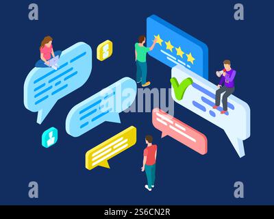 Isometric review vector. Feedback concept with people and speech bubbles. Customer write review online, isometric 3d feedback and evaluation illustration. Isometric review vector. Feedback concept with people and speech bubbles Stock Vector