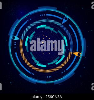 Digital eye HUD UI, sci-fi futuristic user interface, virtual target vector. Space technology background, spy artificial intelligence concept. Cosmic surveillance system screen, spaceship radar focus. Virtual target, digital eye HUD UI, futuristic interface, space radar Stock Vector