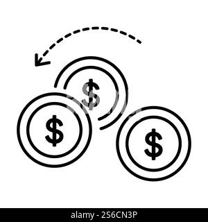Money turnover or exchange and cashback, economy and finance, isolated linear icon vector. Coins and arrow outline symbol, payment and compensation. Interest growth and income, profit return. Economy and finance, money turnover or exchange isolated icon Stock Vector