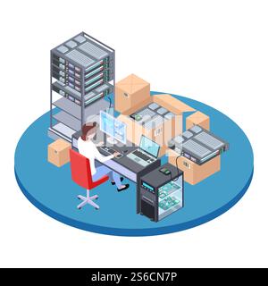 QA Tester at work. Woman testing software. Isometric quality assurance software analyst vector illustration. Software qa and development tester web. QA Tester at work. Woman testing software. Isometric quality assurance software analyst vector illustration Stock Vector