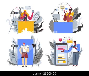 Internet blogger or content maker, web blogging and streaming, isolated icons vector. Video recording, beauty blog, news and technology overview. Smartphone and laptop or computer, camera and light. Content maker or Internet blogger profession or hobby isolated icons Stock Vector