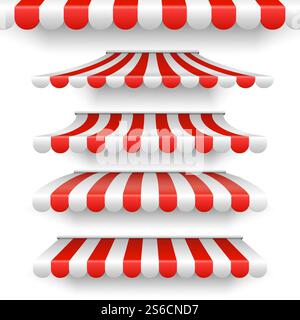 Vector outdoor awnings. Red and white stripes sunshades isolated on white background. Set of awning stripe isolated, roof striped for grocery storefront illustration. Vector outdoor awnings. Red and white stripes sunshades isolated on white background Stock Vector