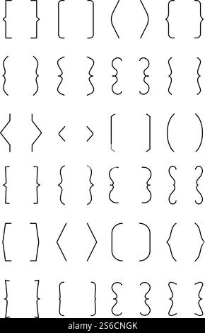 Bracket set. Square, round and angle, curly brace brackets icons. Typography, punctuation vector isolated elements for messages. Illustration of bracket and brace, parenthesis of mathematic rounded. Bracket set. Square, round and angle, curly brace brackets icons. Typography, punctuation vector isolated elements for messages Stock Vector