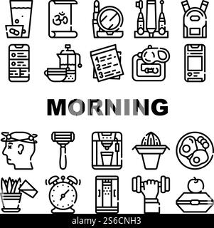 Morning Routine Daily Collection Icons Set Vector. Morning Yoga And Pill Dose, Breakfast And Drink Tea, Juice And Coffee, Cosmetics And Shaver Black Contour Illustrations. Morning Routine Daily Collection Icons Set Vector Stock Vector