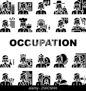 Female Occupation Collection Icons Set Vector. Doctor And Musician, Interpreter And Farmer, Architect And Judge Woman Occupation Glyph Pictograms Black Illustrations. Female Occupation Collection Icons Set Vector Illustration Stock Vector