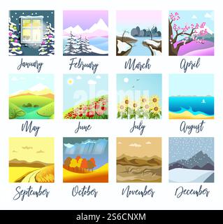 Monthly calendar with nature landscapes, four seasons isolated icons vector. Winter and autumn, spring and summer, snowy or rainy and sunny weather. Frost and flower blossom, dry fall leaves and heat. Nature landscapes, four seasons months calendar isolated icons Stock Vector