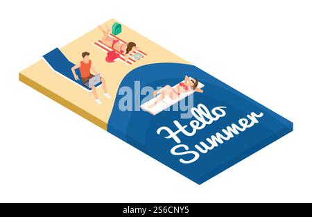 Isometric summer holidays on the beach vector concept. Freelancer and relaxing people at the sea. Illustration of summer beach isometric. Isometric summer holidays on the beach vector concept. Freelancer and relaxing people at the sea Stock Vector