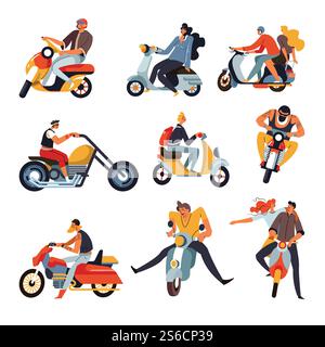 Motorbike racers, bikers riding motorcycles, isolated characters vector. Men and women on mopeds and scooters or sportbikes, extreme sport and driving vehicle. Guys in helmets, motocross races. Bikers or motorbike racers on motorcycles and mopeds or sportbikes, isolated characters Stock Vector