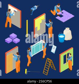 Repair workers and tools isometric vector set. Illustration of tiler and painter, construction house, reconstruction work and renovation. Repair workers and tools isometric vector set Stock Vector