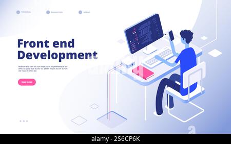 Front end development. Developer programmer person develop computer phone website interface dashboard futuristic landing vector page. Illustration of programmer on computer, developer workplace. Front end development. Developer programmer person develop computer phone website interface dashboard futuristic landing vector page Stock Vector