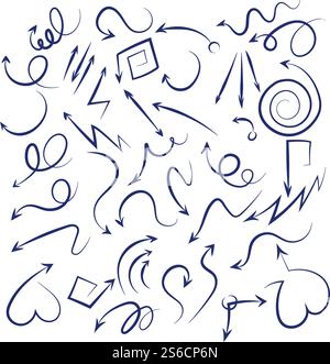 Doodle arrows set. Sketch swirly arrows black hand drawn curved pointer icons isolated on white background. Arrow swirly pointer, curve line sketching illustration. Doodle arrows set. Sketch swirly arrows black hand drawn curved pointer icons isolated on white background Stock Vector