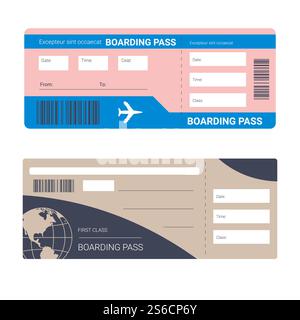 Boarding pass, ticket for plane traveling isolated icons vector. Tourism, travel destination, flight and passenger information blank. Airline and travel agency, barcode scan, airplane board access. Flight tickets or plane boarding pass isolated icons Stock Vector