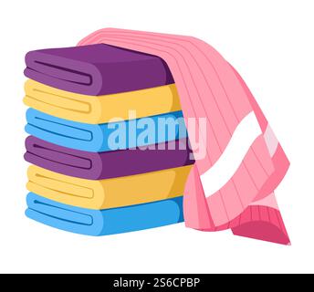 Towels folded in stack with one cotton towel draped on top. Terry bath sheet of various colors. Clean, fresh household fluffy textile, washcloth. Graphic vector illustration on white background.. Stack of folded towels with one draped on top Stock Vector