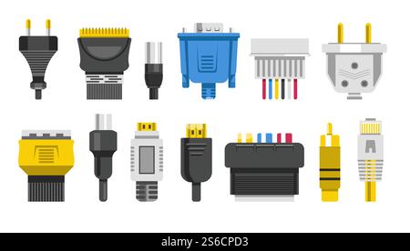 Connection cables and connectors, wiring and audio or video adapters, plugs isolated icons vector. Ethernet network port, HDMI and DVI or RCA. Electric appliance and technology devices linking. Plugs and connectors or connection cables, wiring isolated icons Stock Vector