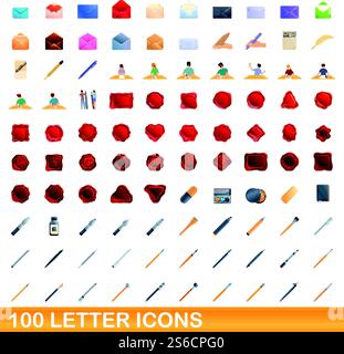 100 letter icons set. Cartoon illustration of 100 letter icons vector set isolated on white background. 100 letter icons set, cartoon style Stock Vector